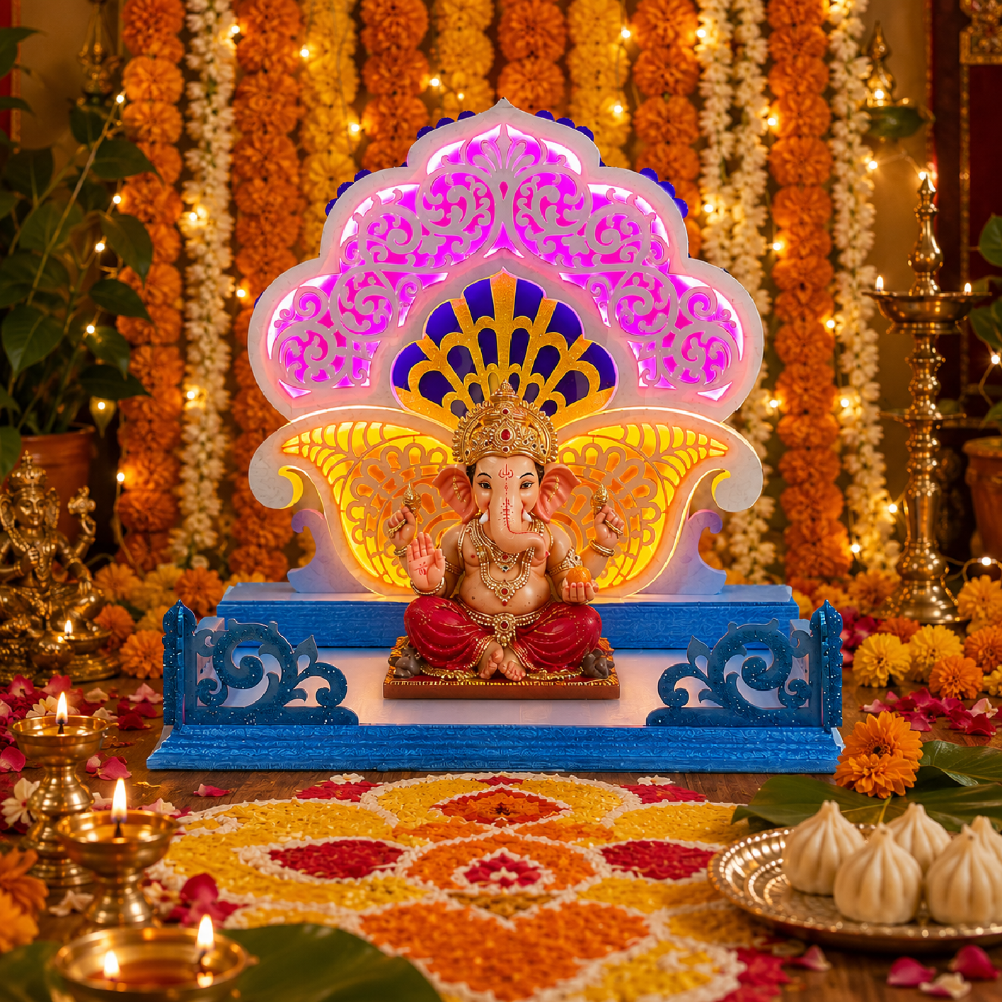 Koyari Ganpati Aasan | 2 Feet LED Ganapati Makhar | Dahotre Arts